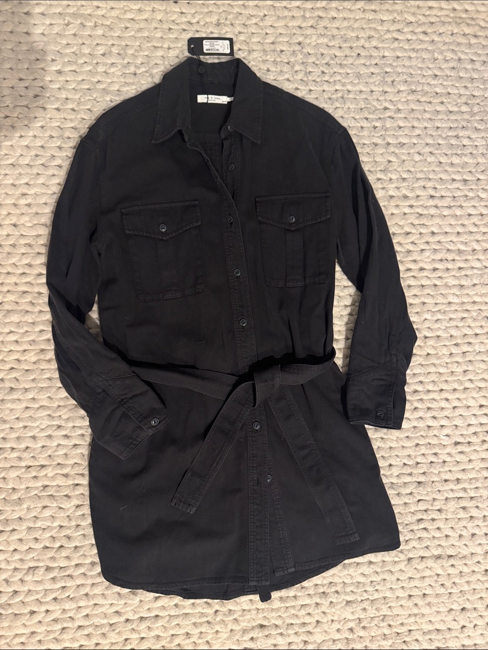 rag & bone Black Button-Down Shirt Dress with Waist Tie